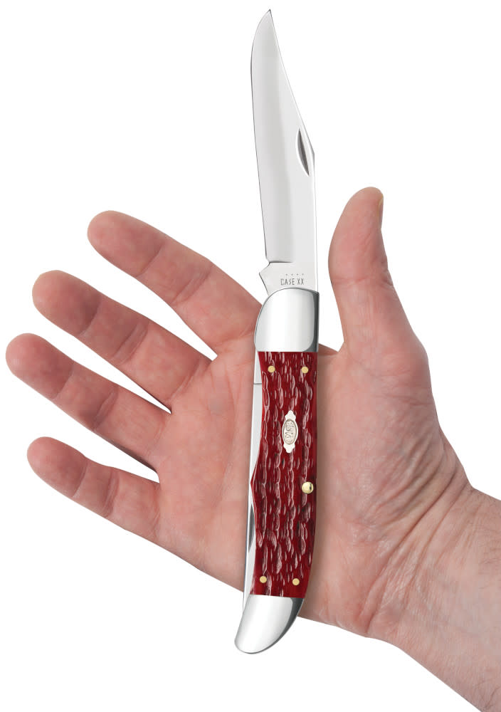 Case Knives Peach Seed Jig Dark Red Bone CS Folding Hunter with Sheath Knife