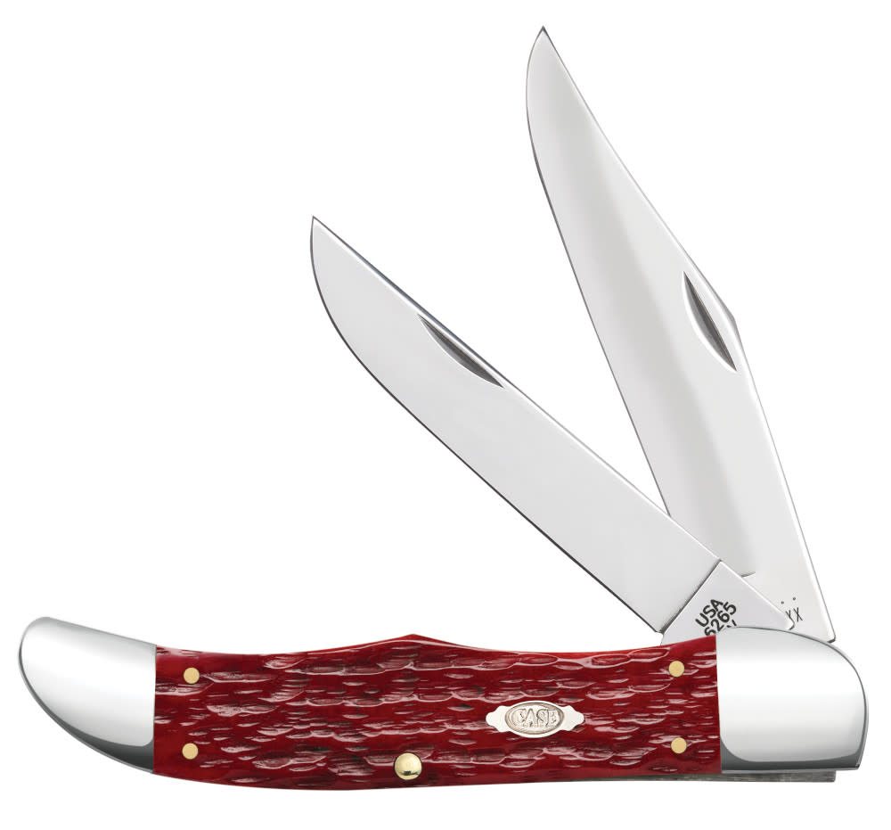Case Knives Peach Seed Jig Dark Red Bone CS Folding Hunter with Sheath Knife