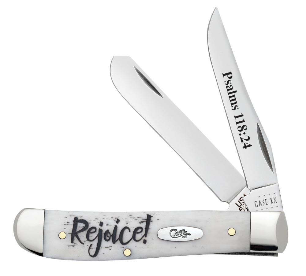 Case Knives Religious Sayings Rejoice Natural Bone Mini Trapper Knife