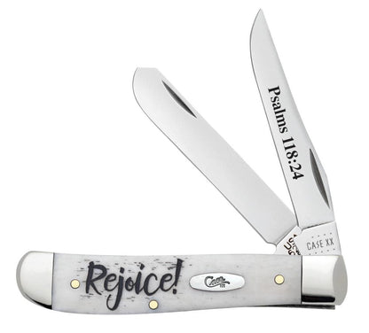Case Knives Religious Sayings Rejoice Natural Bone Mini Trapper Knife