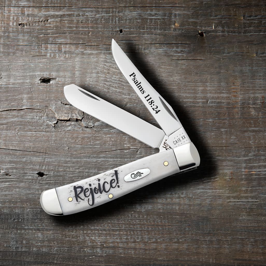 Case Knives Religious Sayings Rejoice Natural Bone Mini Trapper Knife