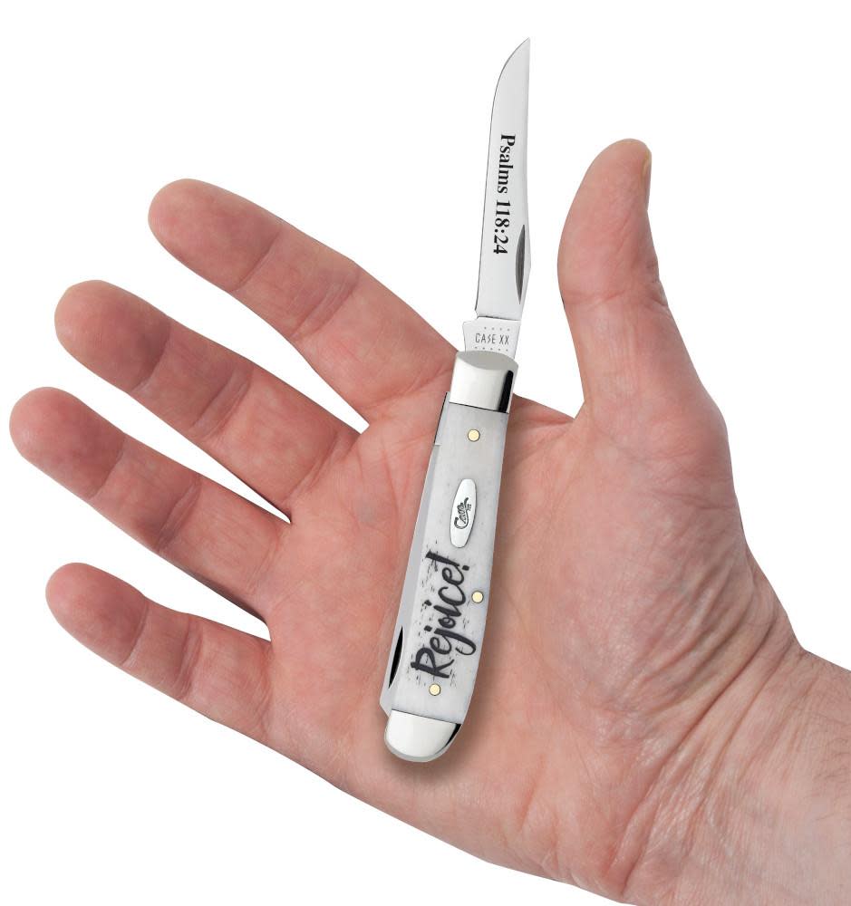 Case Knives Religious Sayings Rejoice Natural Bone Mini Trapper Knife