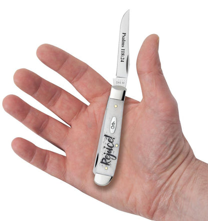 Case Knives Religious Sayings Rejoice Natural Bone Mini Trapper Knife